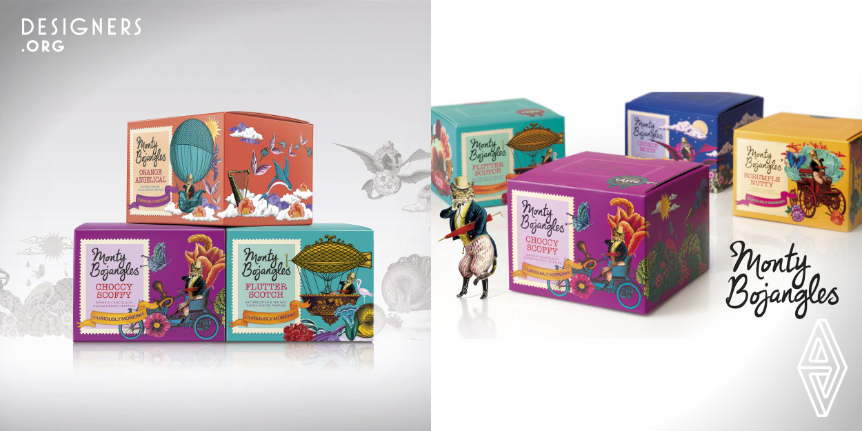 We were asked to create a new tone of voice for this brand of chocolate truffles around a new proposition - the curious adventures of Monty Bojangles - and to set the quirky tones for the packaging and the product names all of which become 'curiously moreish'. We not only gave Monty Bojangles (the indispensable cat character) a starring role on the packaging, but connected him to the reason to believe in the chocolates' difference to the competition using the simple idea of curiosity and seeking new tastes. 