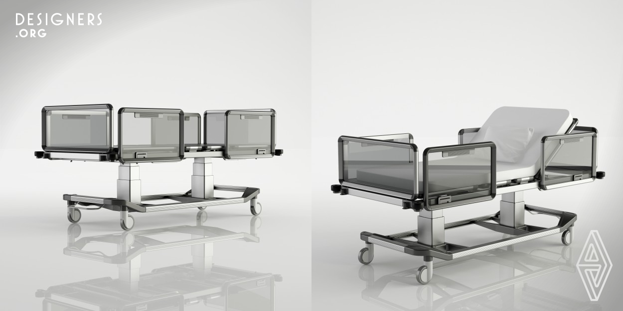 Eryigit is a new generation, reciprocating hospital bed with improved ergonomics and maneuverability with significant impact on decrease in tooling costs. The main body of the design is made by aluminum profiles and for their fixing and accessories,abs plastic and glass are used. The design lowers the production cost, since its structure consists of lots of identical parts.  Achieving optimized standards / compliance with new international standards, the low-slung bed easily converts into 9 different positions and the variable height descends low enough for wheelchair transfers.