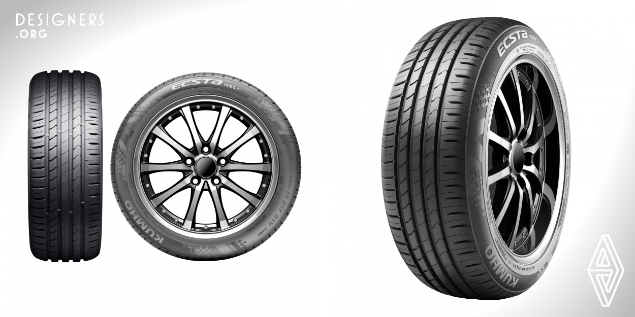 ECSTA HS51 is an integrated product to meet performance requirement condition for original equipment tire, dealing with Europe tire labeling (Rolling resistance/Wet grip). It is the optimized product for low noise, excellent highway handling, steering stability and wet grip. This pattern is engineered to minimize frictional and impact energy for noise performance improvement, reinforcing tread pattern to prevent block deformation. Steering stability and hydroplaning is also improved by wide lateral grooves.