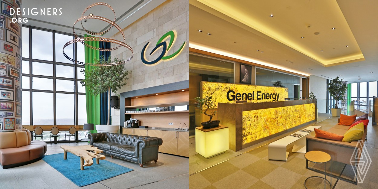 Genel Energy Head Office is located in a high rise building within a space of approximately 3,350 sqm. The design represents mid season colors and natural materials in order to minimize the distance between employees and the nature. Besides, keeping corrosion level of working spaces in time at the minimum and providing the comfort of employees are considered as the fundamental objective.