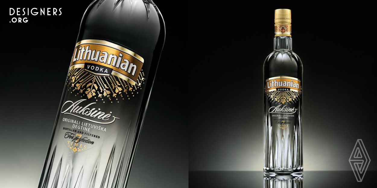 Purity and clarity are the main properties that reflect a vodka's quality. They had to be emphasized while rebranding Lithuanian Vodka Gold – the vodka market leader in Lithuania. At the same time some features of national identity were introduced – the Lithuanian Vodka name itself demanded this choice. Authentic ethnic motives transformed into a modern, uncluttered composition. Once the massiveness of the old label was destroyed to create a light, perforated decor, the gold began to shine in a much more elegant manner.