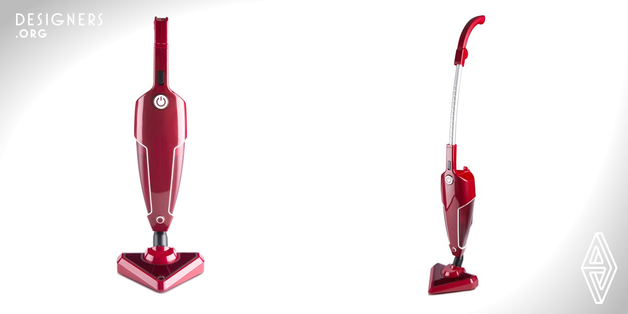 Tria is an upright vacuum cleaner which can be transformed into a handheld cleaner in seconds. The tube can be adjusted to the desired height to be used as an upright vacuum cleaner. The triangular nozzle can be taken out and Tria acts as a hand-held vacuum cleaner.With the help of its telescopic tube that can be inserted into the body-frame and foldable handle, it can be transformed into a compact form and be stored easily.