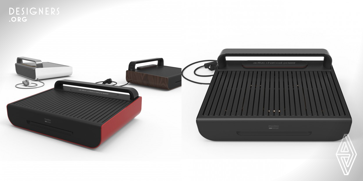 Modeo is a home type hybrid grill. It is combining the charcoal and the electric energies with a new kind of approach. Foods can be smoked; electric grill and charcoal taste grill can be made by Modeo.
