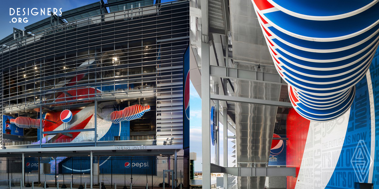 As Super Bowl XLVIII came to the New York area in 2013, Pepsi aimed to give fans a grand entrance into Met Life stadium. Pepsi set out to create an experience that would engage fans in an unexpected and dynamic way. As a key landmark, it was important for the Pepsi Gate to drive locational awareness for fans. It was also imperative for Pepsi to develop a visual presence that was in-step with its new global visual identity system that was simultaneously rolling out around the world. 