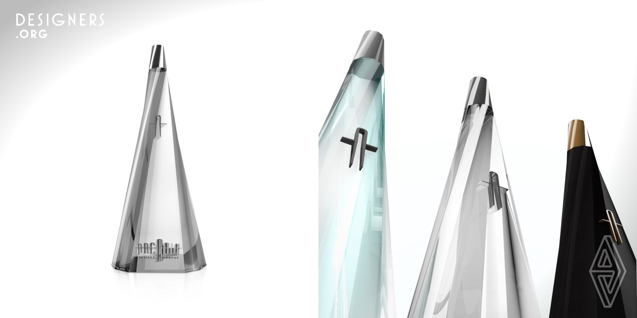 The "arcAdia" is an Italian Vodka concept, ideated and designed by Elia Pittavino. The product is multi-layered, as it's composed by multiple distillated ingredients in order to achieve a complex but smooth taste. The design is based on a polygonal shape with flat twisting faces, inspired by classical constructions, with a futuristic interpretation. The bottle is made to appear simple and evocative with a structure easy to handle and be served-up. The designer delivered it in 3 varieties of colours & treatments, following the fashion and luxury target markets.
