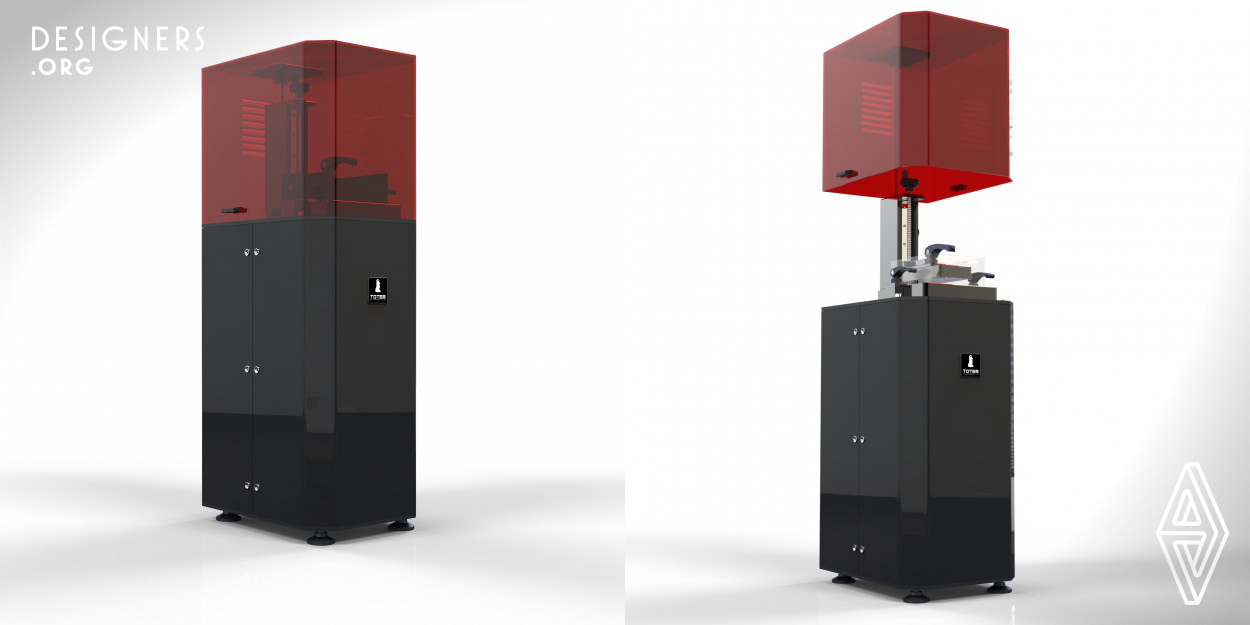 Totem3d is a high-resolution desktop printer that matches the print quality of large, industrial printers at a far lower cost. The Totem3d uses stereolithography (SLA) technology to achieve a professional print quality that plastic extrusion printers just can’t match. Completely user friendly and customizable, designed for producing high quality digital orthodontics appliances, like studio models, steps for virtual setups, bites and surgical guides and for jewelry industry.