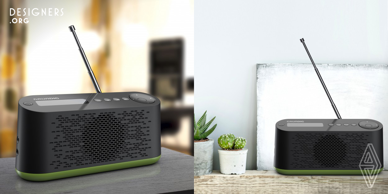The overall style of the product is defined with the oblong form being tapered upwards and ending this elevation with a bold cut off.  The consumers will carry this radio as a fashionable product with its modern lines and form which is in line with the latest trends. DAB radio, which offers freedom to the users with its portability, provides a functional usage both in hand and on table top.