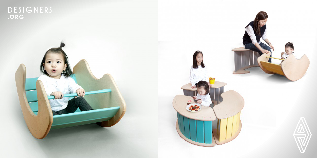 Designed for children and adults, ‘Rocking furniture’ is multi-functional furniture with some ideas for child education. In early childhood, children learn from various actions and games. ‘Rocking furniture’ is designed with an intention to bring some diverse experiences to children with a single piece of furniture. Each of ‘Rocking Furniture’ can be used as a chair, a cradle, a playground bridge, a secret playground for children and a rocking horse. And also, it can be used as a round table when three of them are connected. By using ‘rocking furniture’ with various purposes, children can develop their curiosity, enquiring mind, and spirit of discovery. Not only focused on multi-functional design for children, our team also considered about the convenience of parental users of ‘Rocking furniture’. We tried to design the height of furniture suitable for the adult to sit on and talk with their kid We provide package options of Characters (Horse, Sheep, Dog, Killing Whale, Penguin) so that children can choose their favorites.
