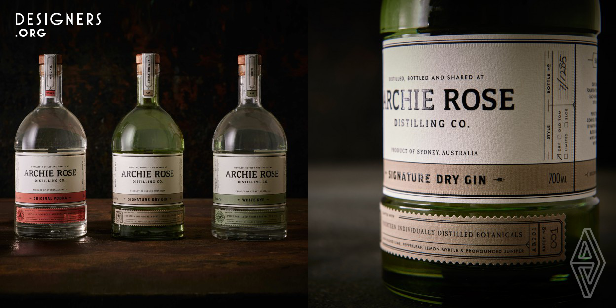 Archie Rose Distilling Co. is the first distillery of craft spirits in the City of Sydney, Australia in over 160 years. Archie Rose honours this rich history while offering Sydney-siders the chance to experience genuine grain-to-glass spirit production onsite with an incredible cocktail bar to boot. Sydney based design agency Squad Ink were engaged to name, brand, package and launch this incredible craft distillery and range of spirits of which includes a Dry Gin, Vodka and White Rye as well as the distillery's Tailored Spirits range.