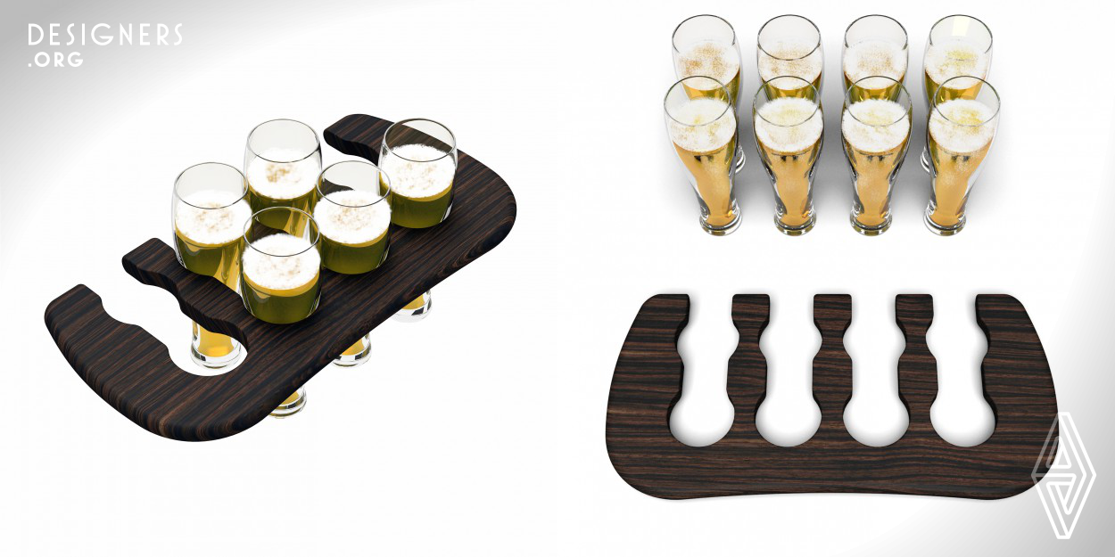 The main issue in pub is quick and qualified serving. The project was inspired by the desire to give a special aesthetic view of beer supplying and a desire to prevent waiters from awkward moments associated with spilling beer in the service process. This food-tray helps to serve one or more tables at once, however glasses are fixed on the server. Otherwise, the importance is not only function but also aesthetic view of this process.