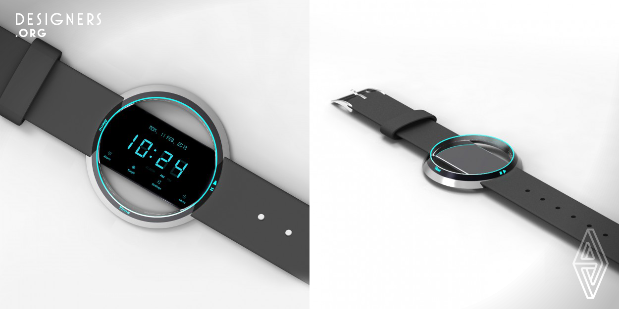 It is inspired by Tron(legacy), a science fiction movie. Overall, the goal is designing a science fiction and futuristic watch by useing futuristic elements for user interaction. Screen can be seen along the wristlet and when the screen is off, it is pleasant and homogeneity in the whole form of watch. All the buttons has been removed, and only with a circular motion, using all functionality is possible which reduce the complexity of product. This kind of user interactions is similar to the way, cast interact with product is the world of Tron. Using discs, rotation and light and audio effects.
