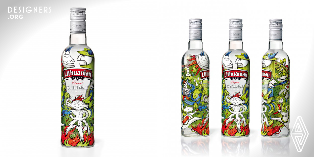 The limited edition of "Lithuanian Vodka" Original is for the celebration of the arrival of spring. The illustration is a fusion of different characters and symbols from the three main spring festivities: Uzgavenes (Shrovetide), St. Casimir and Easter. The vibrant, fresh colour palette represents these special occasions. The eye-catching and bold illustration style, inspired by traditional Lithuanian engraving techniques, is an invitation to explore the whole story. This bottle might be a proper addition to both one’s festive table and the liqueur shelf.