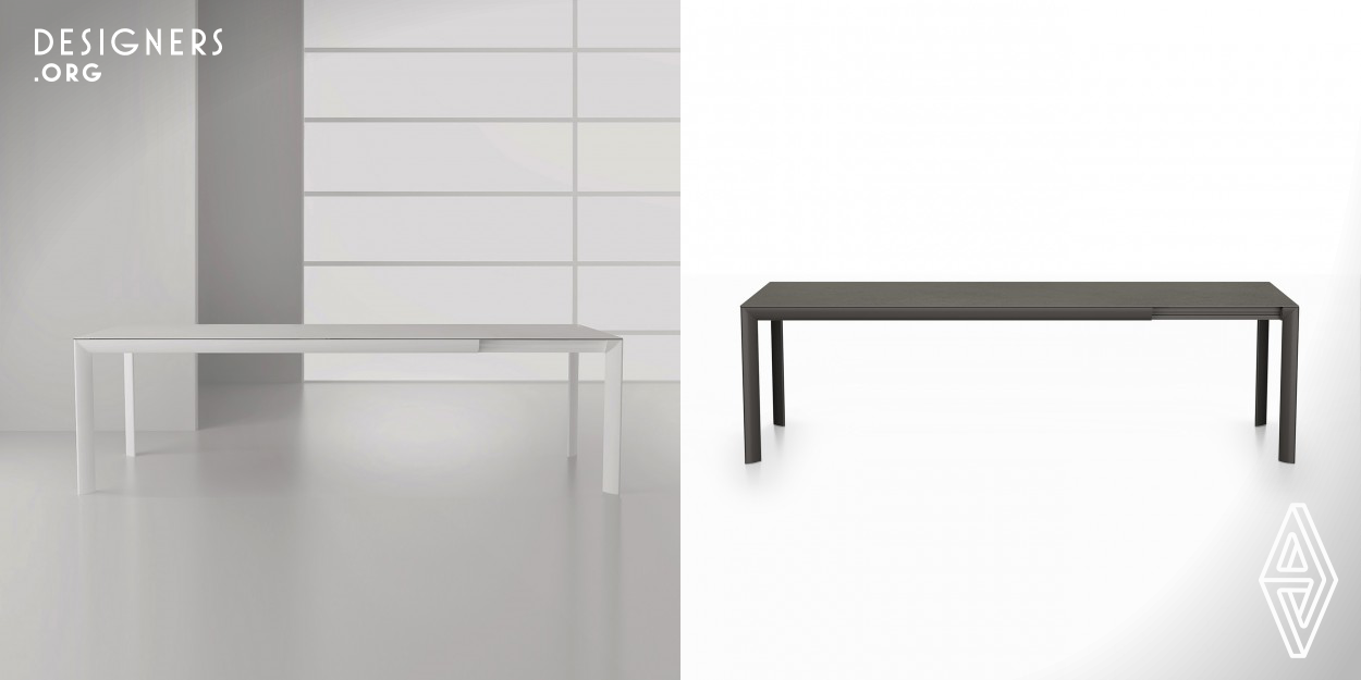 The corner joint, in cast aluminum, gives the "go" to the legs and to the external frame and extension device. This typology allows the realization of a stable conformation, and sturdy, lightweight and completely recyclable. Declinable in countless sizes, offers the possibility of inclusion of extensions, completely invisible when they are folded under the table, so you can adapt the plan useful to the specific needs of each. All extensions have the same finish and are made from the same material as the main floor. 