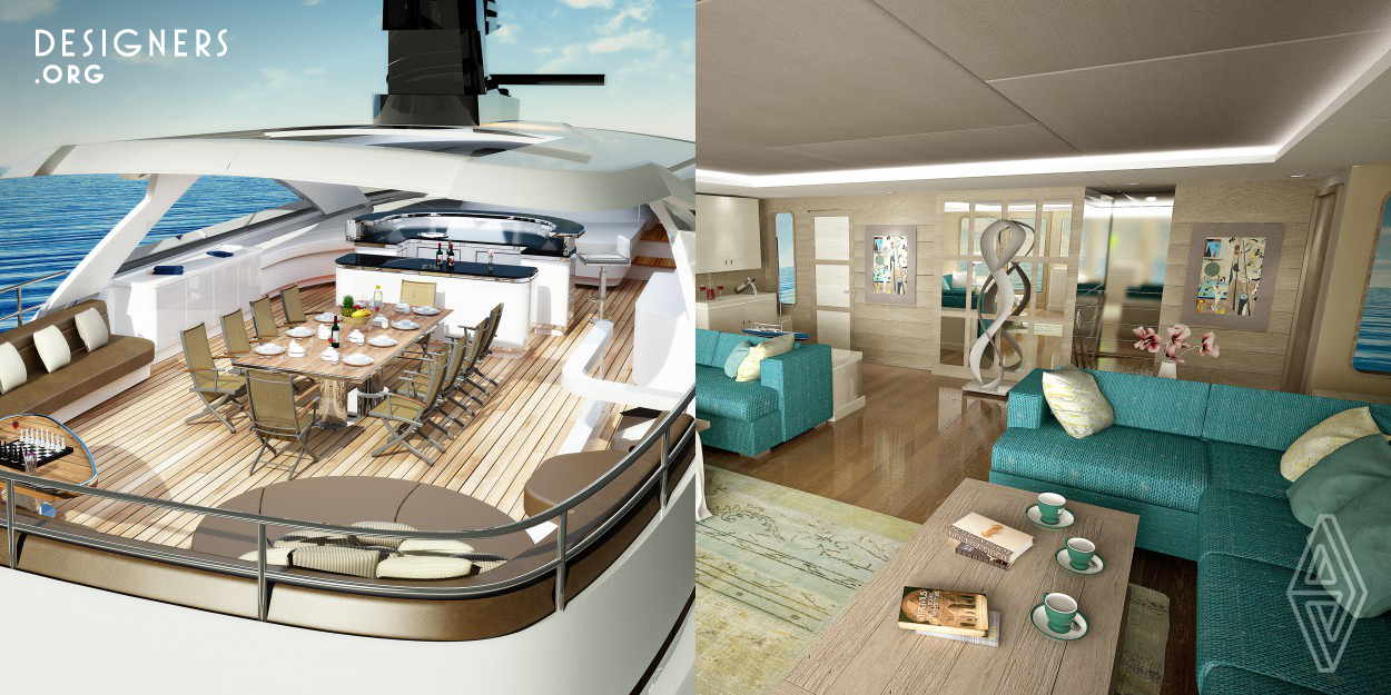 Created by Adam Lay Studio & Sarp Yacht. The interior of Sarp Yachts’ new 46m motor yacht blends loft apartment styling and mountain chalet influences with a combination of high end natural timber and metal finishes.The aim was to produce a sophisticated and elegant interior, interwoven with clean simplicity of design that results in an inviting, comfortable and relaxing atmosphere. Taking inspiration from natural materials and textures, open grained planked wooden floors, quality leathers and intricate metal detailing produce a distinguished color palette of rich dark bronzes and silvers.