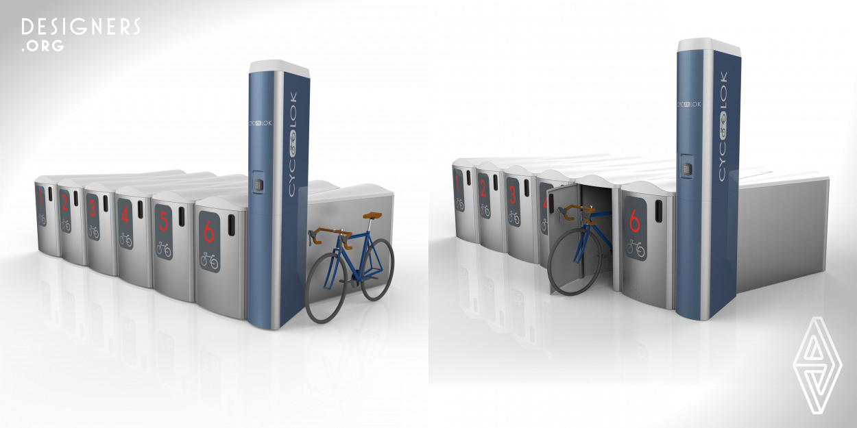 Cyc-lok is a patented modular system providing convenient, secure bike parking backed by smart-technology and cloud-enabled access control. Cyc-lok features a new to market design based on interlocking wedges, creating a unique visual presence to complement any streetscape. The wedge-shaped modules offer the most efficient use of space when parking bikes and also allow the creation of a range of interlocking installation patterns. Unlike any other system, Cyc-lok is manufactured using flat, nesting elements which are stored and transported with maximum efficiency and then erected in minutes.