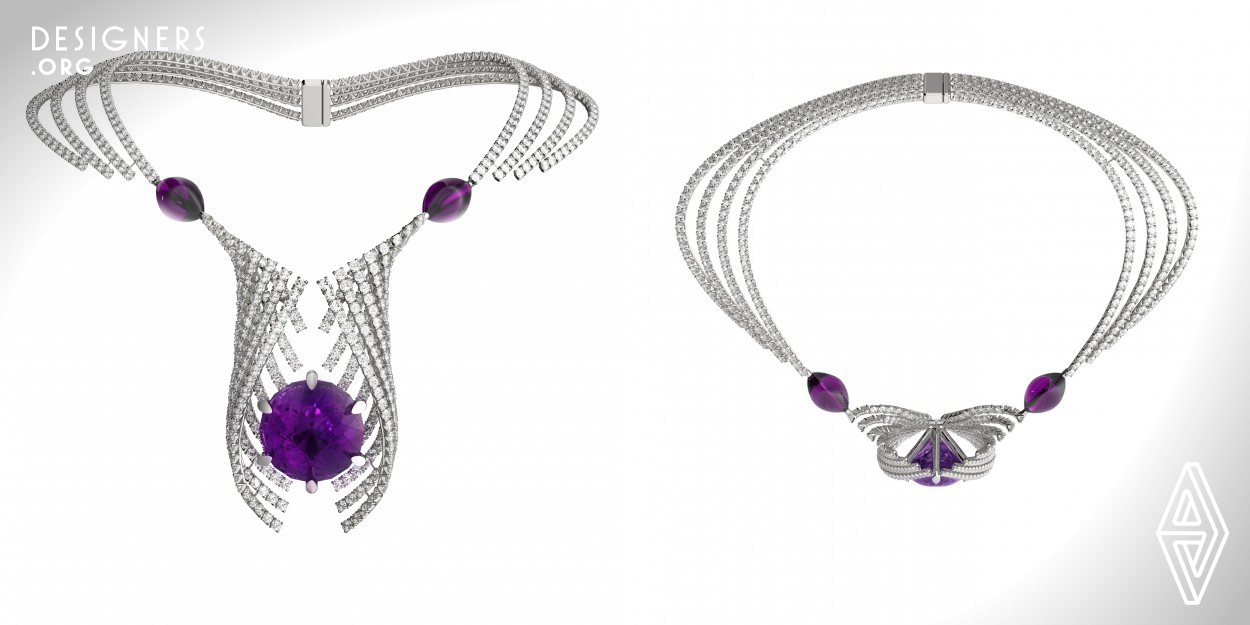 The Dionysius Collection is showcased with an extravagant necklace and ring that were inspired from a combination of anatomical structures and floral references. This creates a dynamic essence within the pieces; creating an illusion of motion throughout the design. The Dionysius Necklace showcases a 'floating' amethyst within the anatomical structure of dynamic brilliance. The Dionysius Ring features a modern pavé style in which the material is tightly set to create seamless brilliance within the boundaries of the wings. 