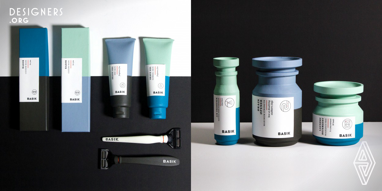 Packaging is a big part of the interaction with a product and with her work Basik, Saana Hellsten criticizes packaging that perpetuates gender stereotypes. She disassembles outdated gender norms and increases awareness of people outside of the traditional gender binary. Basik offers a gender-neutral shaving kit, where the emphasis is on the purpose rather than on the gender of the target customer. In the household cleaning products, which usually rely on gendered packaging to communicate messages about the products, Basik focuses on the function of being stackable and remaining gender-neutral.