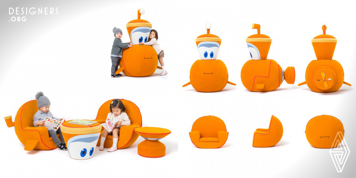 Appearance of 3-year old child on soft chair is shown like an submarine for cute showing to heighten the sense of love between the child and parents. Different from existing soft chair, the seat and back support have the design with bio-engineering method to set the correct posture of infants. The weight of 3.5kg or less allows child to freely move around to play. If the outer fabric is contaminated during the use, the zipper is easily opened to wash and replace the slip cover in its design.