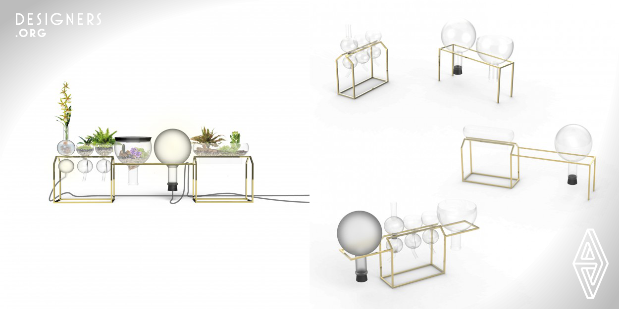 This project wants to create and generate feelings and thoughts about relationships between industry and nature. LAB brings and easy and stylish way to cultivate indoor plants. Users can configure its size to fit different areas and its lights allow the plants to be in spaces with not enough natural light sources. It is a modular structure that allows users to play with different configurations of glass containers, which you can use as planters or light sources. The design considers containers for terrariums, hydroponics and for the traditional way of cultivation. 