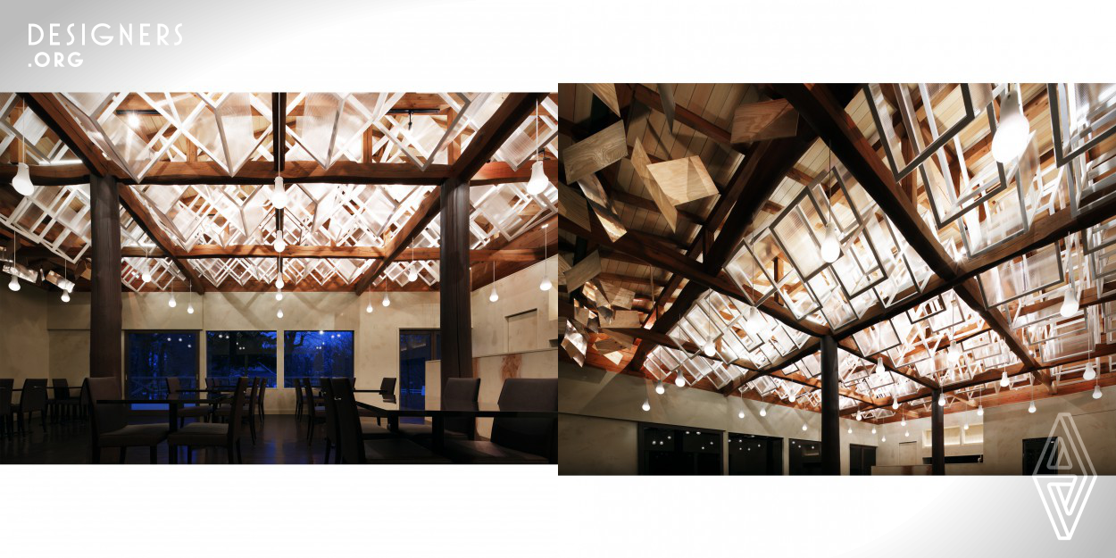 The following interior design was realized for a restaurant built on a farm surrounded by a lush forest. The three dimensional white lattice nesting above the beams of the existing wooden structure forms the canopy of a forest that brings together the old and the contemporary by suggesting the superimposition of time and space. By superimposing time and space and bridging the old and the new, the repeated entwinement of lattice and light offers a mystic illumination and the spatial experience of penetrating into a deep forest. 