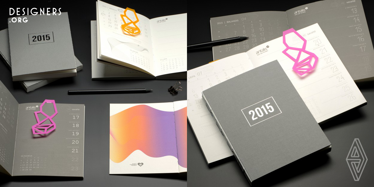 "My Book" calendar is much more than a mere calendar. It’s the year-end present that has become a traditional must-have thing for "Antalis" clients. A calendar has been created each year around varying themes, so the 2015 calendar transformed to a notebook-weekly planner with 2 goals in mind: to reflect on the question of time and to be inspired by weekly qoute of famous people. Simple and minimal design of the calendar was finished with a Japanese bookbinding. Black and white calendar is revitalized of brightly colored flyleaf's and two plastic book markers.