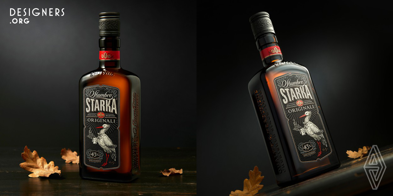 The image of Stumbro Starka was changed in essence by creating a whole from its parts: from the new, uniquely-shaped, dark glass bottle adorned with raised calligraphy and the rich label which tells the legend of the beverage, to the bottle stopper decorated with an oak leaf wreath. The stork character appeared as a symbol of recognition. Caught in the unexpected role of a hospitable innkeeper, the stork became an intriguing and appealing narrator for the story.