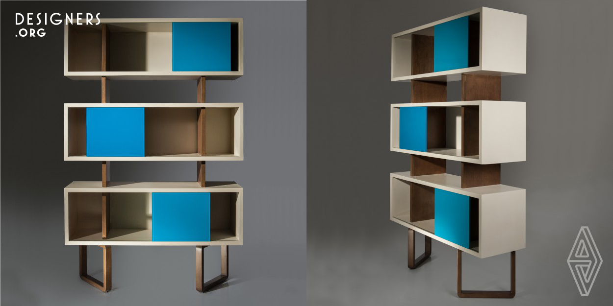 This storage unit is a modern interpretation of the 60's designs. The sliding doors have tinted glass fronts that allow a constant change in the look of the bookcase. The user can cover or display any desired collection of books/ornaments at any time. The doors are easily removable so it is also possible to change from top to bottom or to the center, providing a fun range of possibilities. This piece is aimed to design fanatics, as the colors of the tinted glass doors can be selected from a range of vivid tones, making this piece surely a catch to the eye.