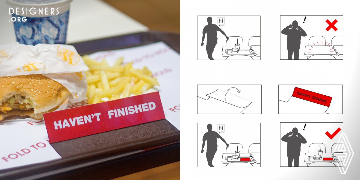 In china, it is common for waiter to take away the finished food in fast food restaurant. However, diner sometimes leave the table temporarily such as going to restroom, and his food make be taken away by waiter. FOLD TO HOLD is a paper tray designed for someone who is having fast food alone. If he wants to leave his seat temporarily, he only needs to rive the paper along the dotted line and fold it up, which can convey the message of “haven’t finished” to hold his food.