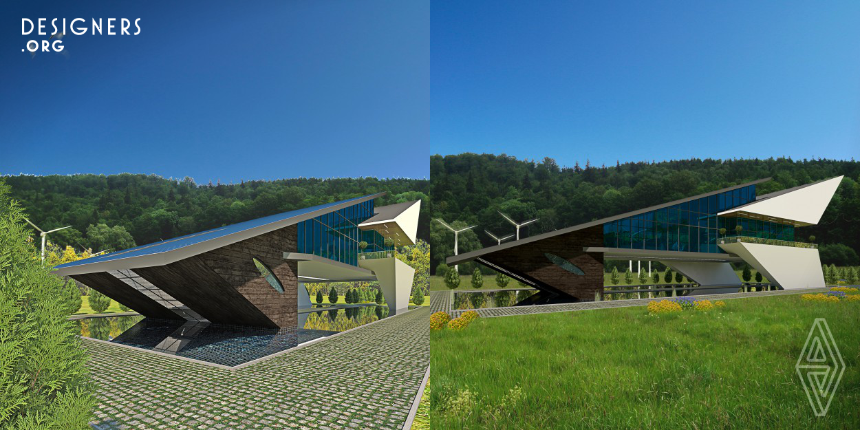 The building is a sample of contemporary and sustainable architecture. The solar panel on the roof produces the energy needed for total energy consumption by the household. In addition, thanks to the roof style, rain, and snow water accumulated in the storage. The self-contained structure resting on the three bearing bases has a reduced impact on the soil, so allows the soil to enjoy the rain and breathe in. The residents feel themselves living free and naturally in the structure that provided an open and bright space.