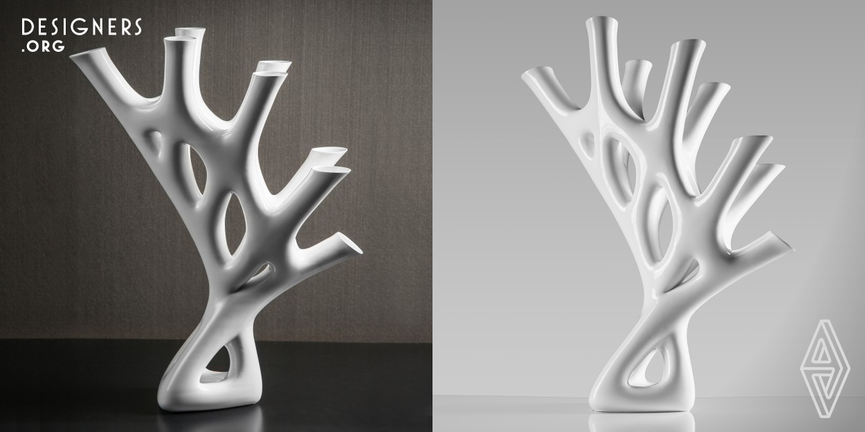 Coral flower vase is a 3d printed test tube flower vase which hosts dynamic and spatial floral arrangements. The vase has a minimal structural setting to provide a platform for various designs for floral designers to create their artwork and displays. Coral consists of 8 individual branches which each holds a glass tube housing water which can be easily removed and refilled without having to move the vase itself. The sculptural form, along with diverse floral arrangement schemes, changes the atmosphere with unique styles and fills the space up with life and refreshment.