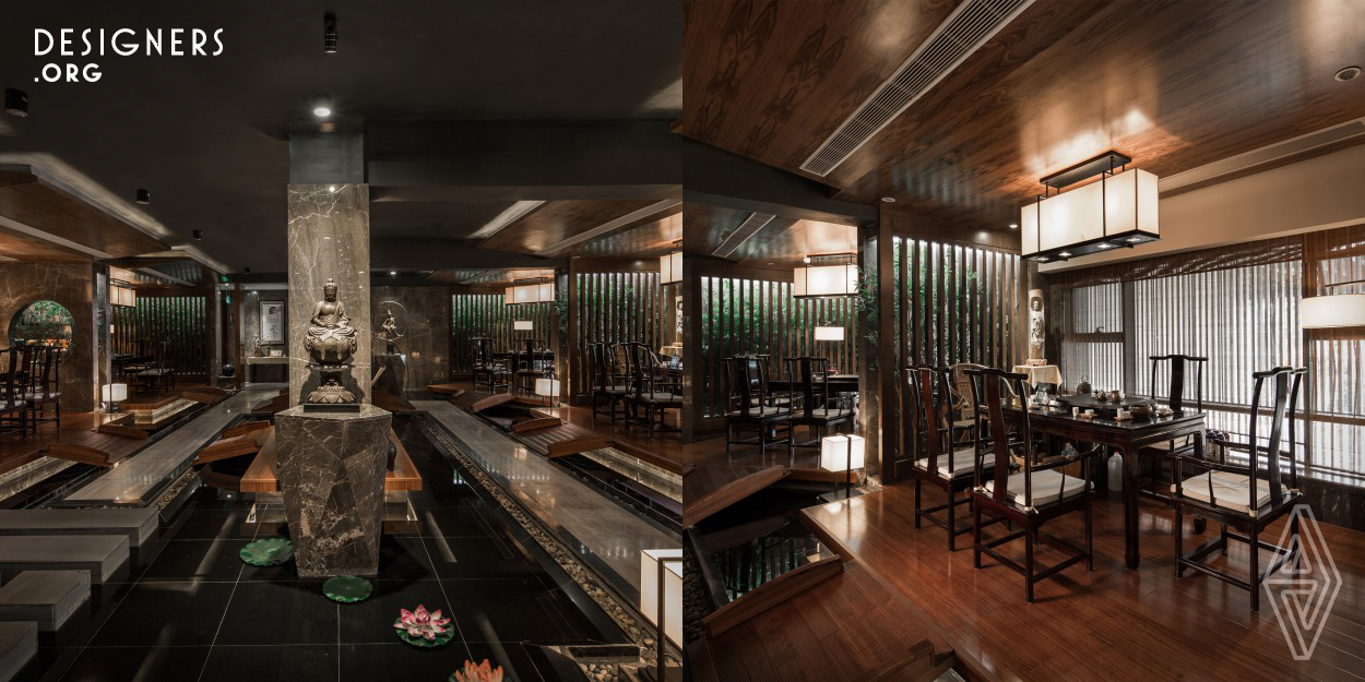 The tea house uses Chinese traditional elements, which combines the raw material, and demonstrates the Chinese culture more deeply. As well, the designer adds various of natural points, such as, stone, wood and craft materials in such traditional tea house, which can lead the heart back to the pure mind. 