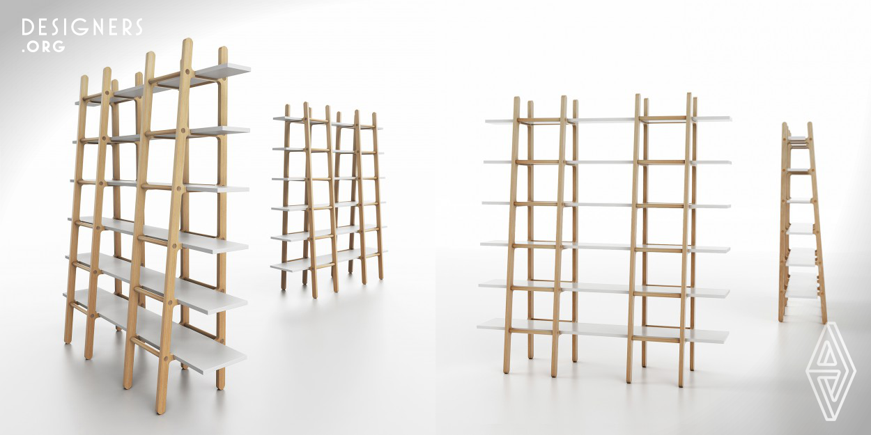 Huxley's Ladder from Marc Scimé's Los Angeles based Studio for Design synthesizes monastic and utilitarian and unites fun and function. Simple wooden bookshelves and library ladders may have traditional associations, but Huxley’s is a reminder that fun and function are not necessarily mutually exclusive. Fun in function can transcend experience; it can serve a function. The thing that makes Huxley's Ladder fun is what also makes it functional and vise-versa.