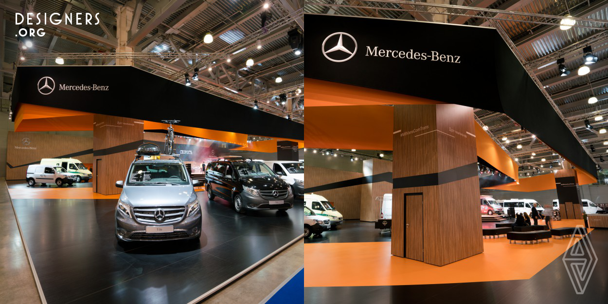 The main idea of aesthetic conception of the Mercedes-Benz Russia SAO stand - the image of twisting road. It is expressed by broken lines of track on the floor, on the ceiling, on the walls of the booth. It is conceptually integrates all parts of the both and organize the trajectory for walking of visitors on the stand.