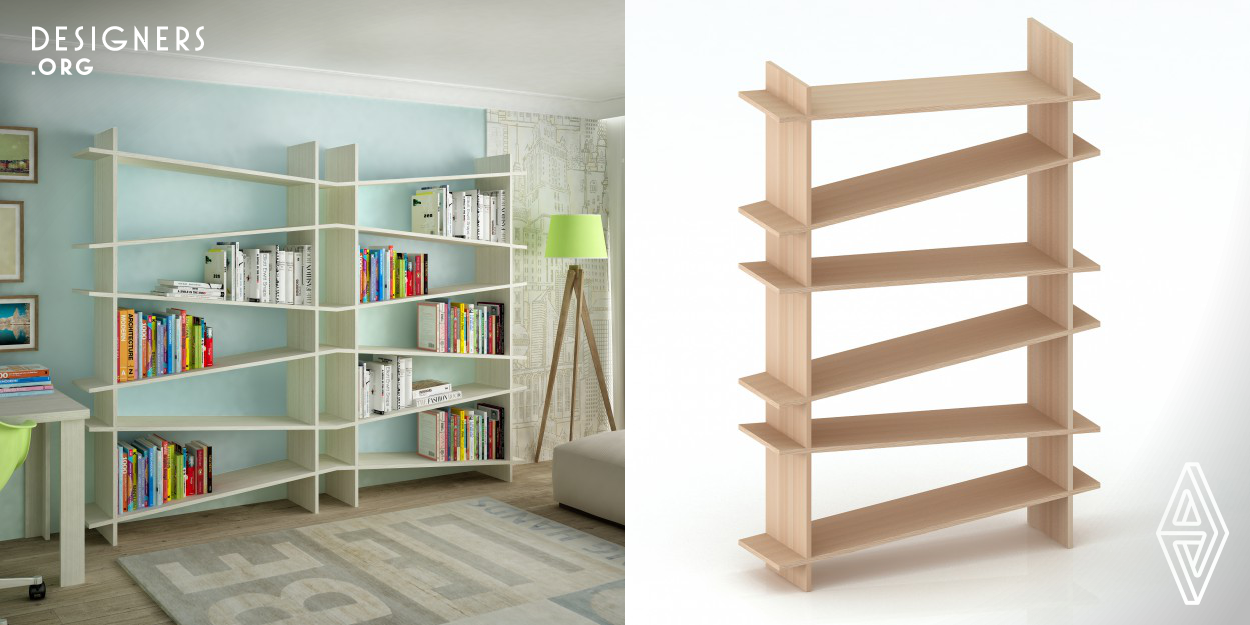 The design of the bookshelf has angled shelves so that books can stand upright. The angled bookshelf has a high storage capacity, especially for books in different dimensions. The assembly is practical, because there are notched parts on the shelves that fit into the notched parts on the carrier pieces.