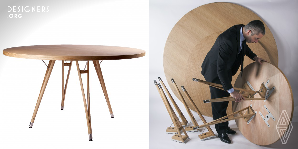 Patrick Sarran’s design echoes the famous formula coined by Louis Sullivan ”Form follows function”. In this spirit, the iLOK tables have been conceived to prioritize lightness, strength and modularity. This has been made possible thanks to the wooden composite material of the table tops, the arched geometry of the legs and the structural brackets fixed inside the honeycombed heart. Using an oblique junction for the base, useful space is gained below. Finally, from the timber emerges a warm aesthetic much appreciated by fine diners. 