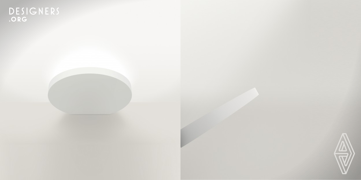 Simple geometry and pure lines in this LED wall washer appliance. For its versatile fitting, it is suitable for group compositions where its essential design harmoniously fits in with both rational and random settings.  Formally designed as a sectioned disk, it stands out for its flatness and thinness. Compact and minimum volume, it delivers perfectly homogeneous light dispersion. 