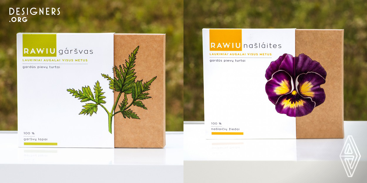 Rawiu is a bachelor project of branding, created at Vilnius Academy of Arts by a graphic designer Ineta Plytnykiene. The project is cherishing traditions of healthy, vegetative nutrition. The created concept suggests using wild plants in everyday cookery all year. Violets, nettles, dandelions, aegopodiums are frozen and can be used in different dishes, also to enrich nutrition by exceptional vitamins. Wild plants are very seasonal food and this project suggests giving a possibility to use plants despite the season. 