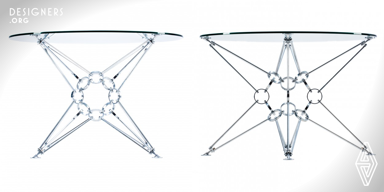 Industrial design means use of modern technologies in the manufacture. Beauty and conciseness of mathematically calibrated lines, shine of polished metal parts and the harmony of the spatial structure of the object really fascinate. The table "8 pyramids" looks like a space object. It is completely symmetrical and has no top or bottom and similar to the eight-pointed star. This is a conceptually new design in the style of constructivism. The goal to improve the ergonomics has been achieved: the construction of the table frees enough space for the legs of a person sitting at it.