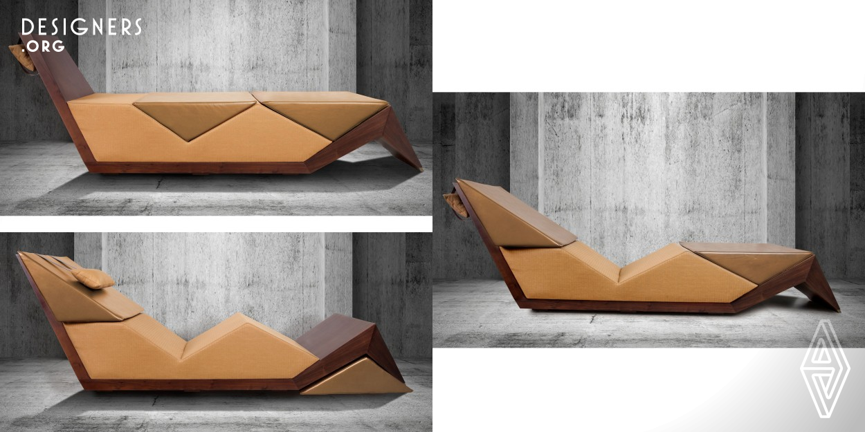 Trio Bench is a geometrical bench made of walnut wood, fabric, and leather that seats up to 4 persons. However, by adjusting 2 upholstered pieces of the original structure, and unfolding its headrest, the user creates 2 new full-body reclining positions with utmost comfort. It was created for a private residence with a limited space. Hence it functions as sofa and it offers a Chez-lounge experience at the same time. The design slickly sharpen from both ends to create a more pleasant aesthetics. Trio Bench is 2.6 meter long, 0.80 meter width and 0.43 meter hight.