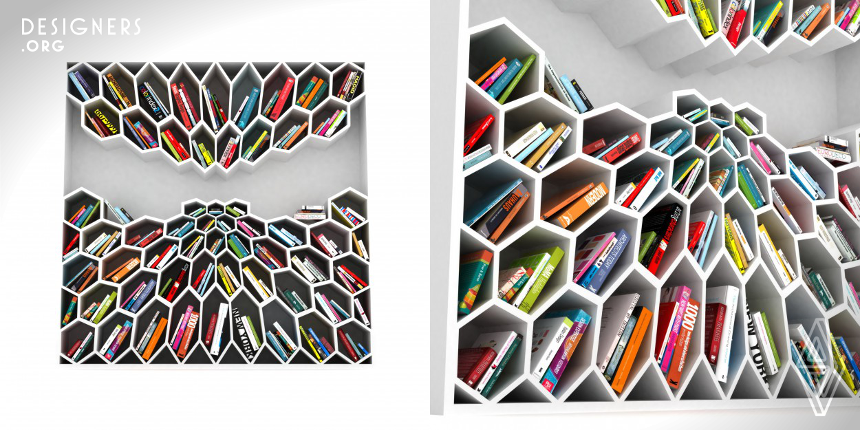 This is a Bookshelf which designed in organically way to store the books with many small cells to store smaller books and big cells to store large books ! the empty space between upper part and bottom side of the bookshelf make it looks more fashion and modern!The smallest hexagon is in the heart of this bookshelf and all of the books when placed in their cells, will oriented to that which is the focus of the bookshelf ! its very hard to shape rough woods to polygon shaped cells like this!