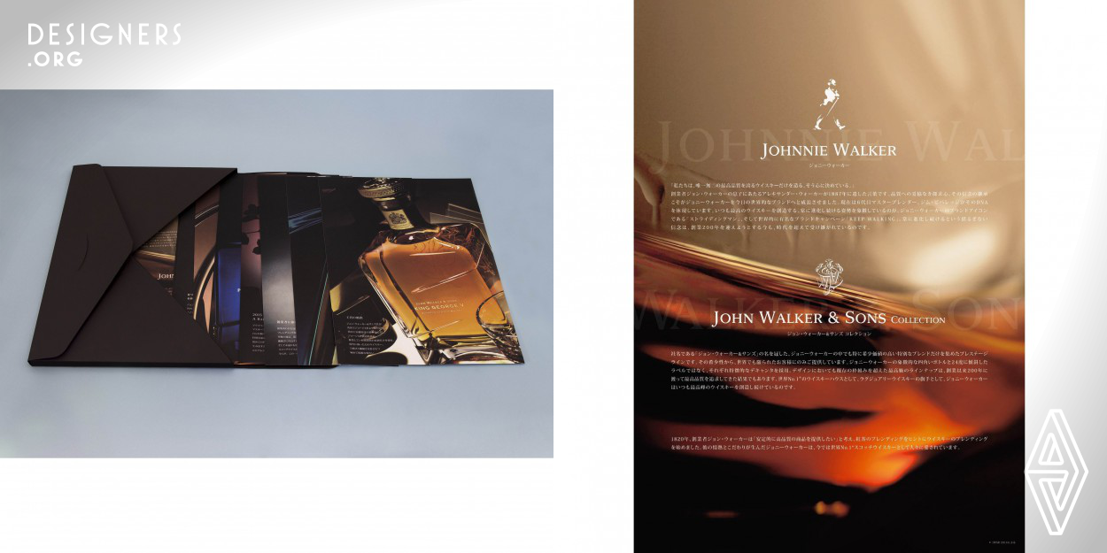 ・This pamphlet was created to be used by sales representatives from the out-of-store sales division at upscale department stores. It is a sales tool that explains the Johnnie Walker brand and the appeal of available products. We chose the leaflet/cards format because it allows the sales rep to only show the most appealing product to each customer. 