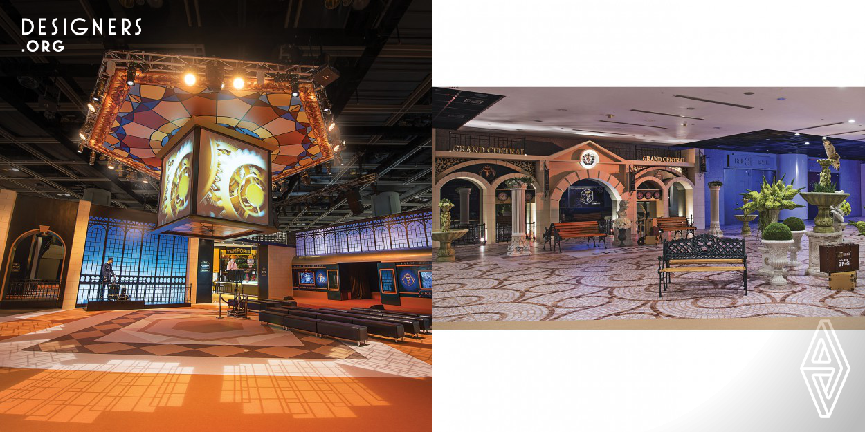 An introductory space design of 1900m2 was required, before visitors explored the 145 international watch brands within the Salon de TE. To capture the visitor’s imagination of luxury lifestyle and romance a “Deluxe Train Journey” was developed as the main concept. To create dramatization the reception concourse was converted into a daytime station theme juxtaposed with the interior hall’s evening train platform scene with life-size train carriage windows emitting storytelling visuals. Lastly, a multifunctional arena with a stage opens up to the various branded showcases.