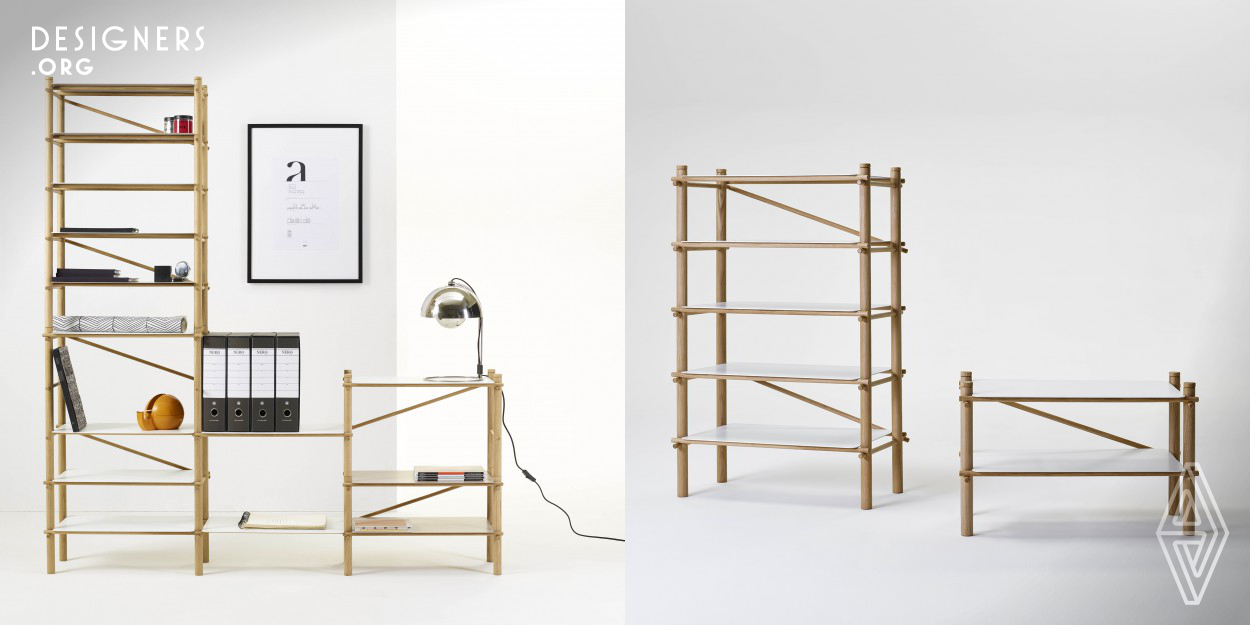The Andamio shelf, created by Florian Gross & Kike Macías, is a new way to organise and display your belongings. Influenced by traditional indian scaffolding, the arrangement plays with the spirit of simplicity and functionality through the use of recycled materials and a tool-free component assembly.The minimalist design consists of two levels that can be adjusted to the appropriate height to cover different functions. Available in natural solid oak with varnished aluminium boards. The shelf is assembled without tools and, once disassembled, the design becomes completely flat-packed.