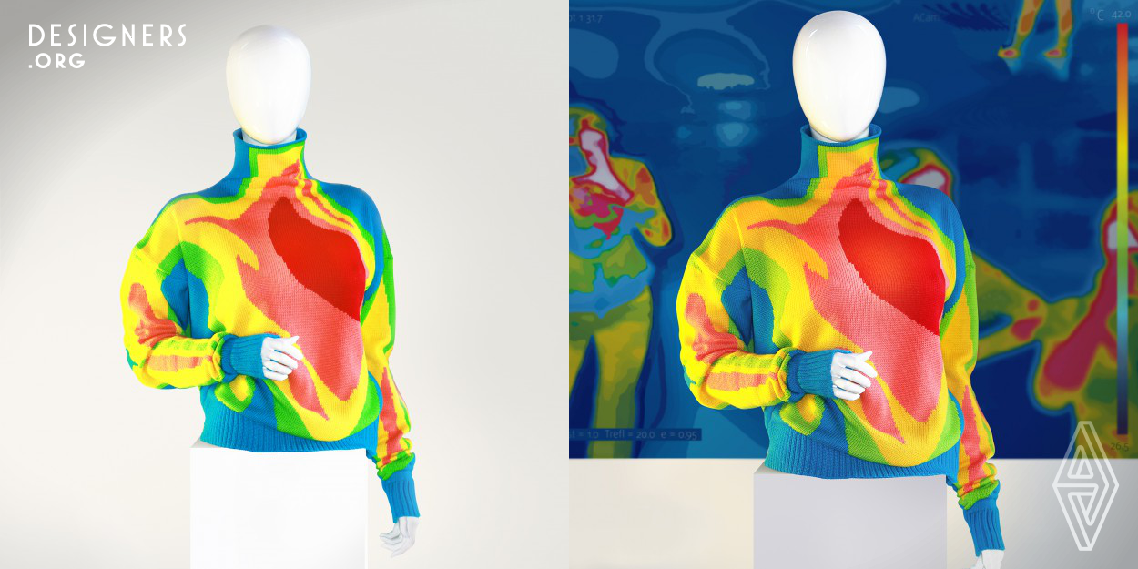 Danko is a colorful sweater with humanistic conception, that has a symbolic aspect so that wearing it in public people could communicating a romantic idea. Let people's flaming hearts be visible! The Sweater knit pattern imitates thermography map of human body with its centre at heart area. The coldest zones are depicted with blue color while the hottest place is red. The idea of the Sweater encourages for passionate living by outlining heart that is a symbol of affection and love. The Sweater is a realization of the belief that all people are heroes due to human nature. 