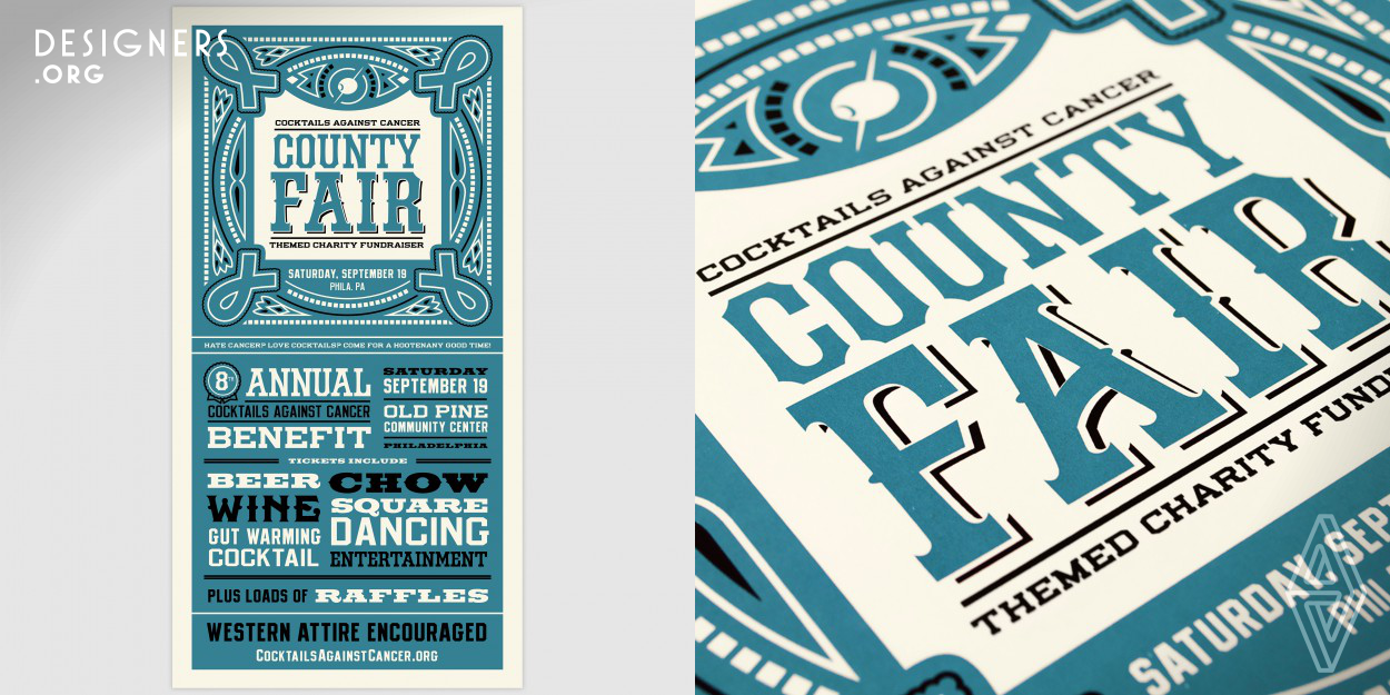 Cocktails Against Cancer hosts an annual fundraising event to raise donations for its beneficiaries. The 2015 event theme was county fair. This two color silkscreen poster hung around the city and invited guests to learn a square dance and sip gut warming cocktails for a good cause. The design references a vintage indigo bandana and incorporates the symbol of the awareness ribbon into the print.