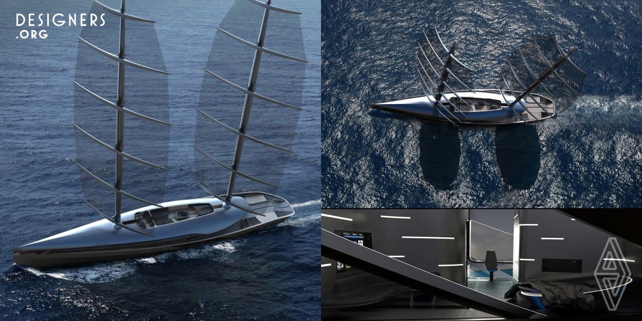 Cauta, a 55-meter, high-performance world cruiser designed by Timur Bozca, is inspired by the elegant shape of the albatross. The look is curvy and sensual, with the great amount attention to detail invested in it visible throughout. Furthermore, the Elite Supernova Silver color on carbon fibre hull and superstructure underscores the ship’s futuristic ethos. Dynarig sailing system, Cauta has two self-standing and rotating masts which host ten sails. Touted as a new class of yacht, Cauta can cross the Atlantic in a very short time with guest enjoying some of the most luxurious quarters. 