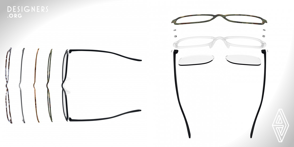 The Glasses Plus is designed for people who regard each single accessory, for example, glasses as one important segment of their dressing style. Instead of purchasing as many as pairs, they only need to buy one base frame with the lens and other interchangeable cover frames which can be customized and attached to the base frame by magnets. 