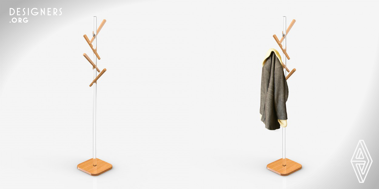This is a coat rack with four wood hooks, one wood basement and a clear acrylic stick. Because of its clear stick, it creates an illusion that the presence of coat rack disappears in a dark room and your coats hanging on hooks look like they are in the air as if you see a phantom there. This coat rack can be assembled without using screws or glue.