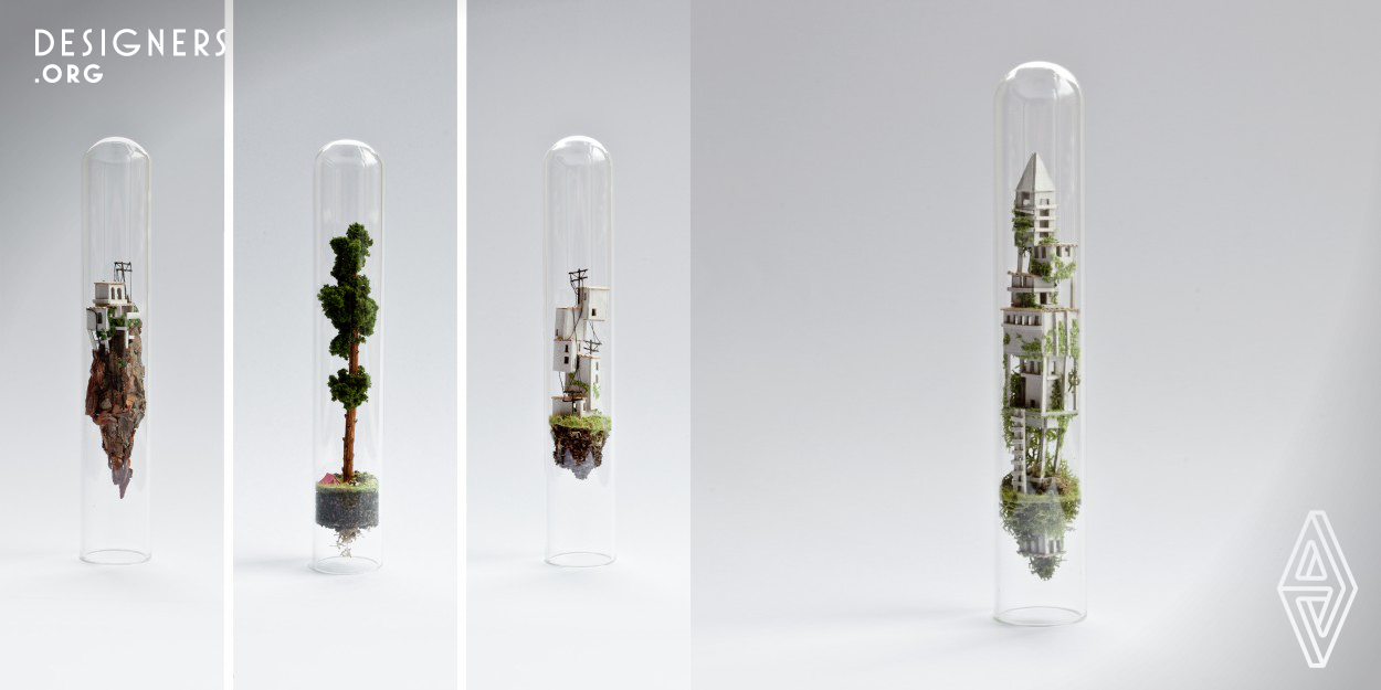 The Micro Matter series is designed to take you out of this world for a moment, into another. It consists of a series of miniature worlds, floating inside upside-down glass test tubes. Towering houses, sky scrapers, campsites and a water tower, each sculpture inspires the next. Except for the glass tubes, everything is handmade. All different kinds of material are used, that are found while traveling or out in nature. 