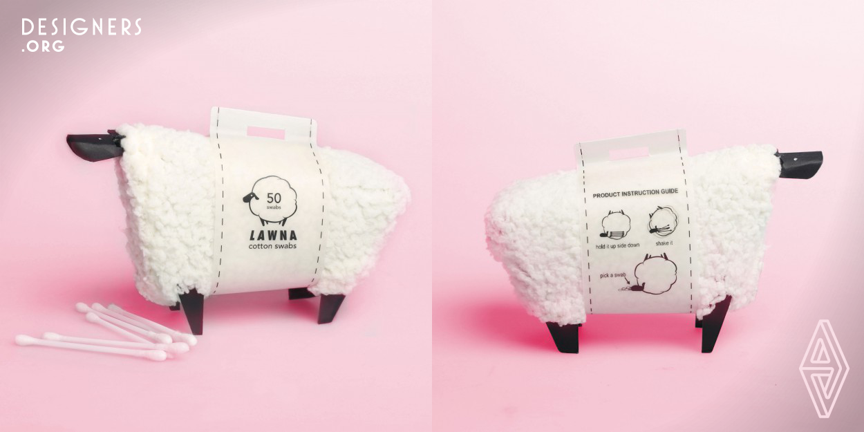 The Package design, "Swaggering Sheep" is made of only one piece of thick paper, user can fold it into flat plane easily, very convenient to store. "Swaggering Sheep" performed a more interesting way to use a cotton swabs packages, it shows more interact with people and it's cute enough to be a home decoration. Swaggering Sheep, not only gives you cotton swab, also gives user a totally different emotion aspect.
